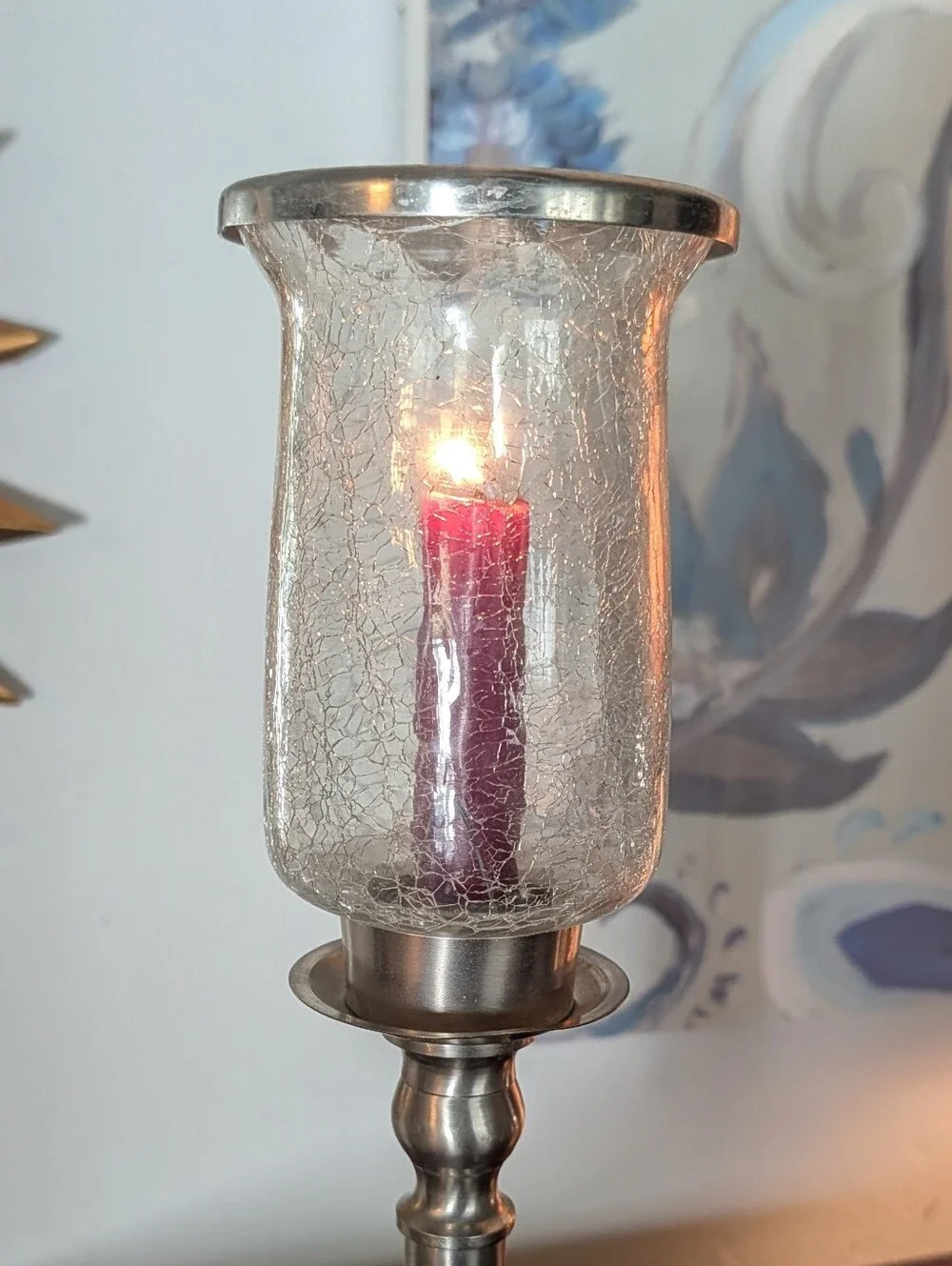 Vintage Brushed Nickel Hurricane Candle Stick Holder 16 3/4